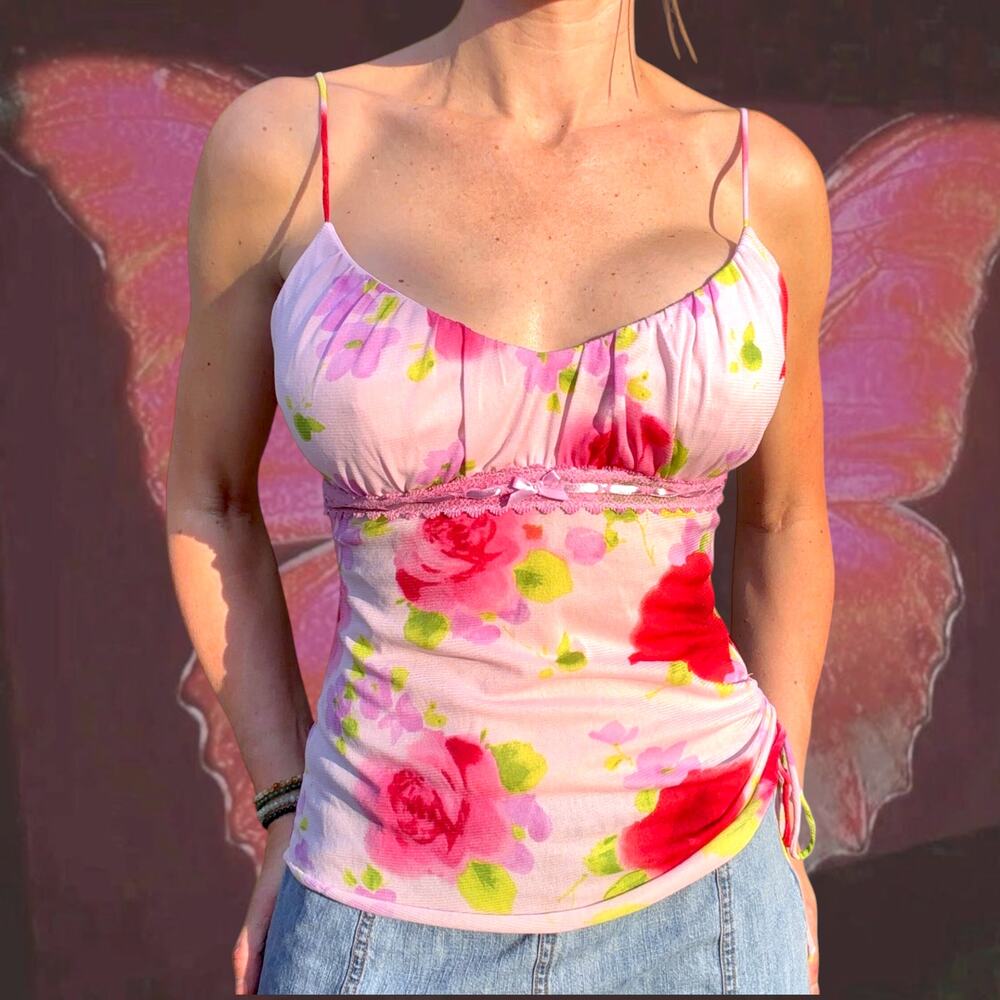 Y2K Pink Rose Floral Mesh Cami Top Lace Ribbon Fairy Romantic M